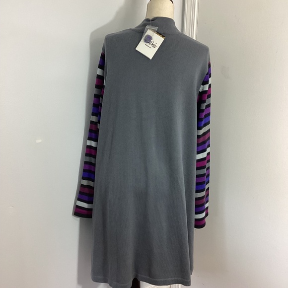 NWT BOB MACKIE WEARABLE ART PLUS 2X KNIT GRAY LONG CARDIGAN STRIPED SLEEVES - Picture 11 of 14